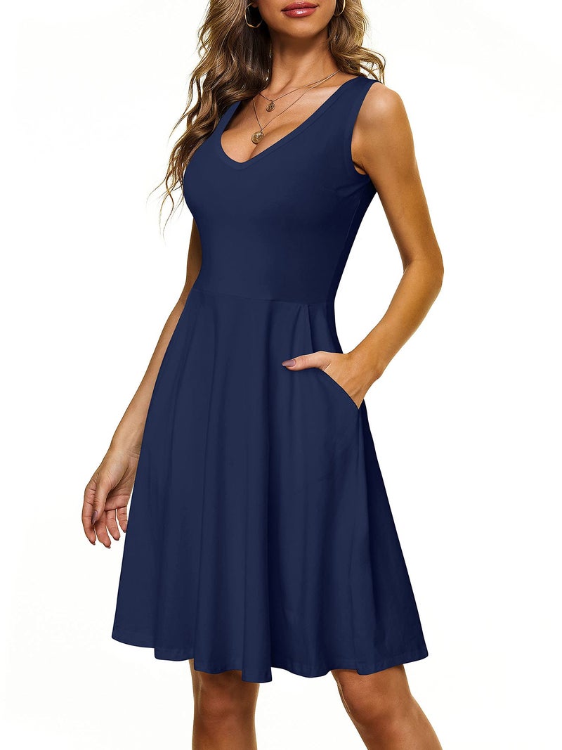 HUHOT Navy Blue Graduation Nautical Dresses for Womens Sleeveless V Neck Dress with Pocket Knee Length Flared Tank Dress - Image 1